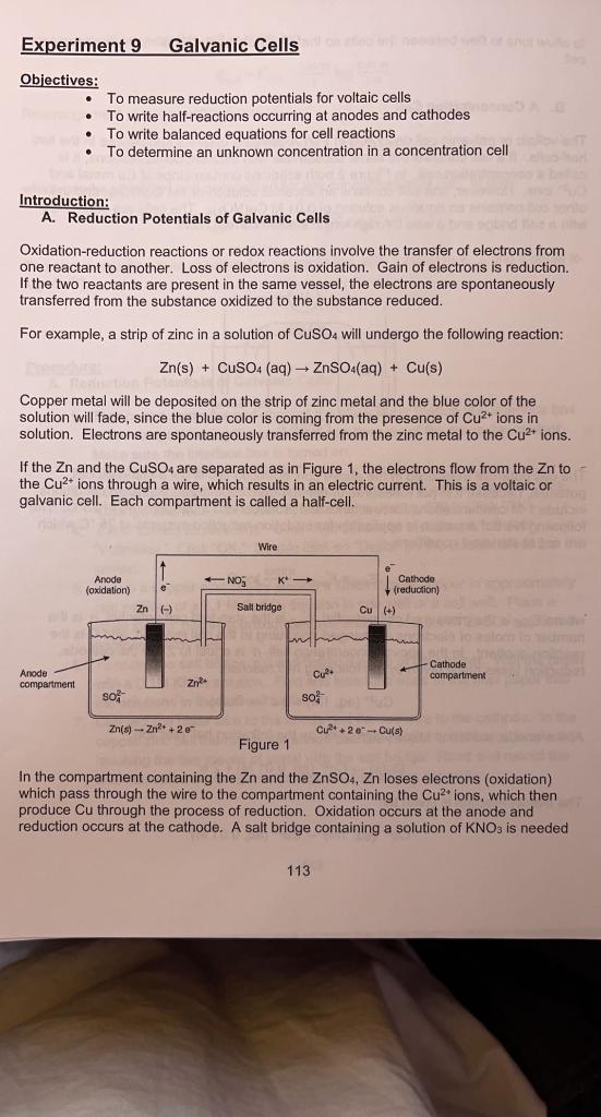 Solved Experiment 9 Galvanic Cells Objectives: • To Measure | Chegg.com