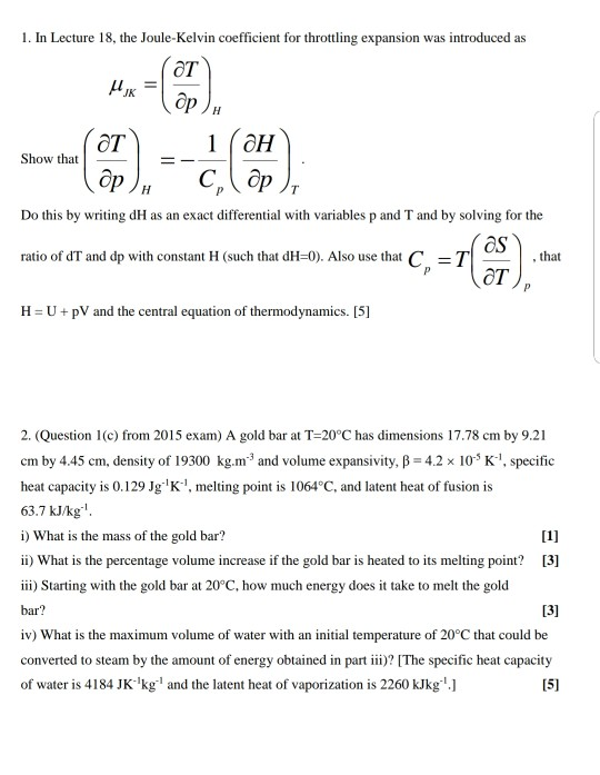 Solved 1. In Lecture 18, the JouleKelvin coefficient for