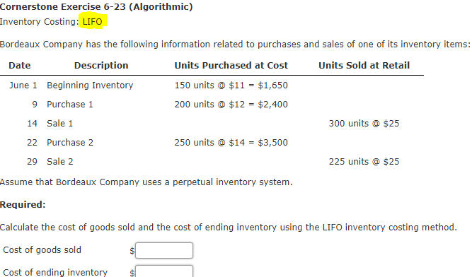 Solved Cornerstone Exercise 6-22 (Algorithmic) Inventory | Chegg.com