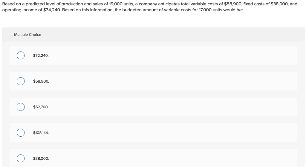 Solved Based On A Predicted Level Of Production And Sales Of | Chegg.com