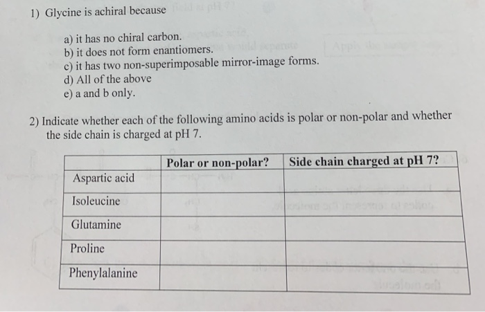 Solved 1) Glycine is achiral because a) it has no chiral | Chegg.com