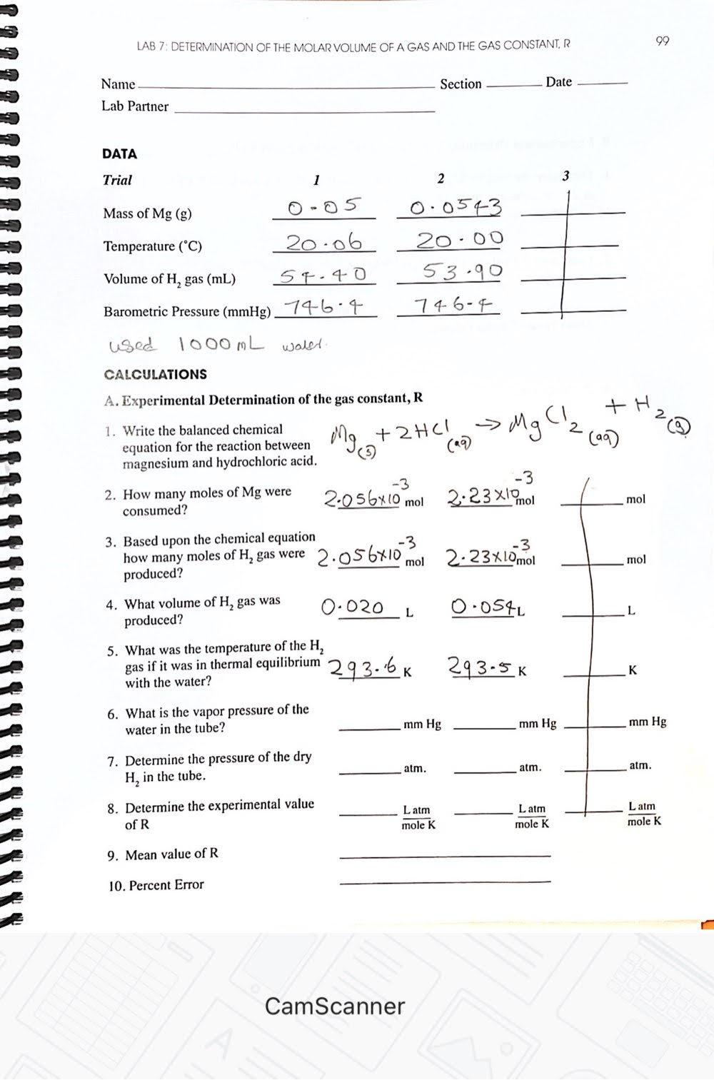 Solved 99 LAB 7 DETERMINATION OF THE MOLAR VOLUME OF A GAS | Chegg.com