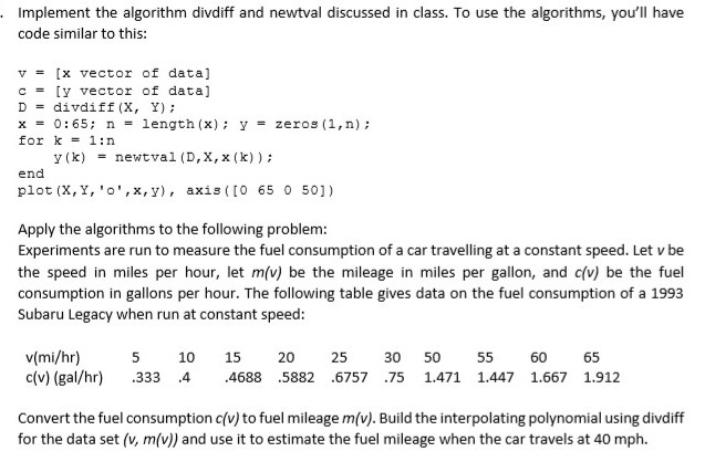 · Implement the algorithm divdiff and newtval discussed in class. To use the algorithms, youll have code similar to this: v