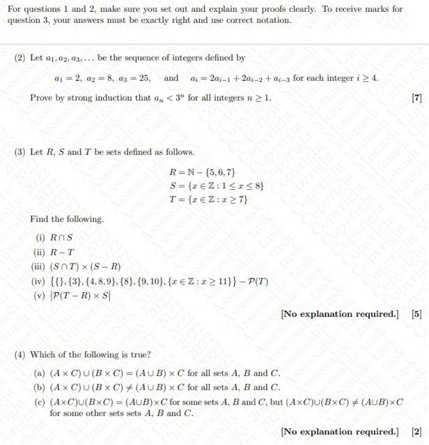 For questions 1 and 2 , make sure you set out and explain your proofs clearly. To receive marks for question 3, your answers