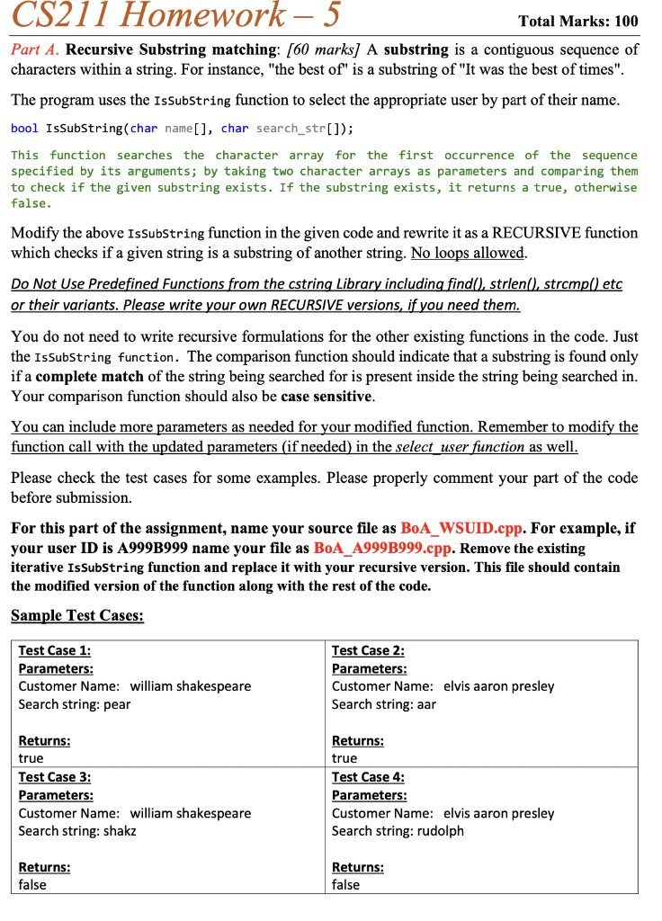 Solved CS211 Homework - 5 Total Marks: 100 Question 1 of 1. | Chegg.com