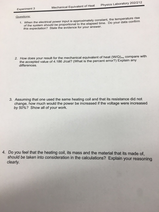 Experiment 3 Mechanical Equivalent of Heat Physics