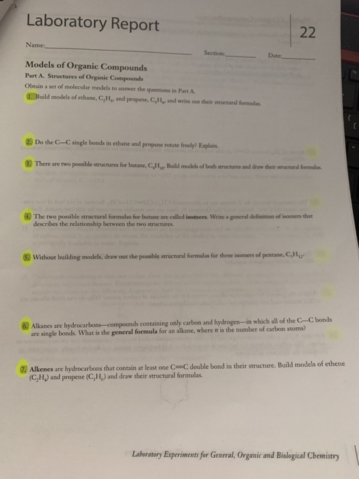 Solved Laboratory Report Nam Models of Organic Compounds