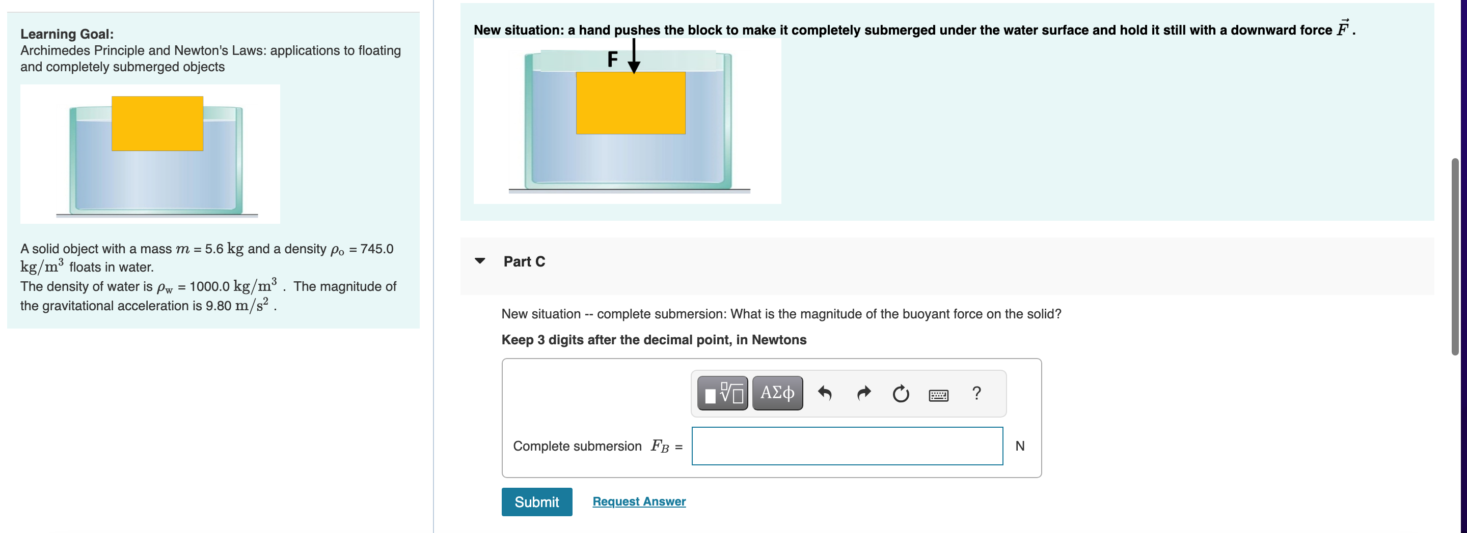 Solved Part E - A solid (ρ=400 kg/m3 ) floats in an unknown | Chegg.com