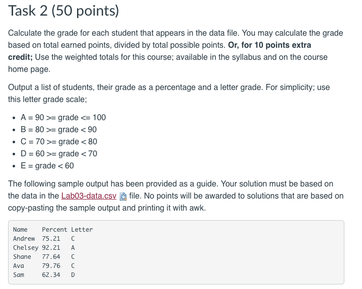 Task 2 (50 points) Calculate the grade for each | Chegg.com