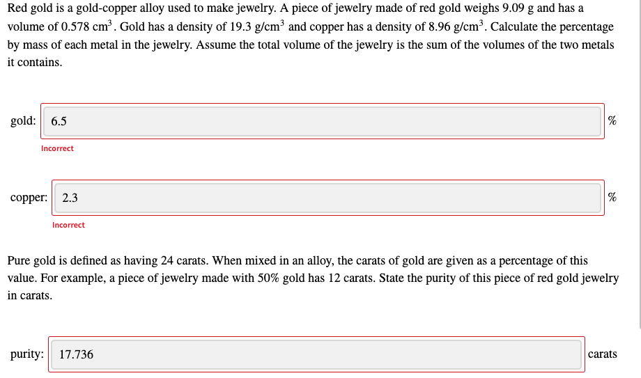 Solved Red gold is a gold-copper alloy used to make jewelry. | Chegg.com