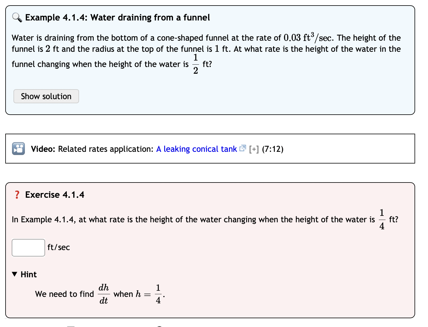 Solved Example 4.1.4 Water draining from a funnel Water is