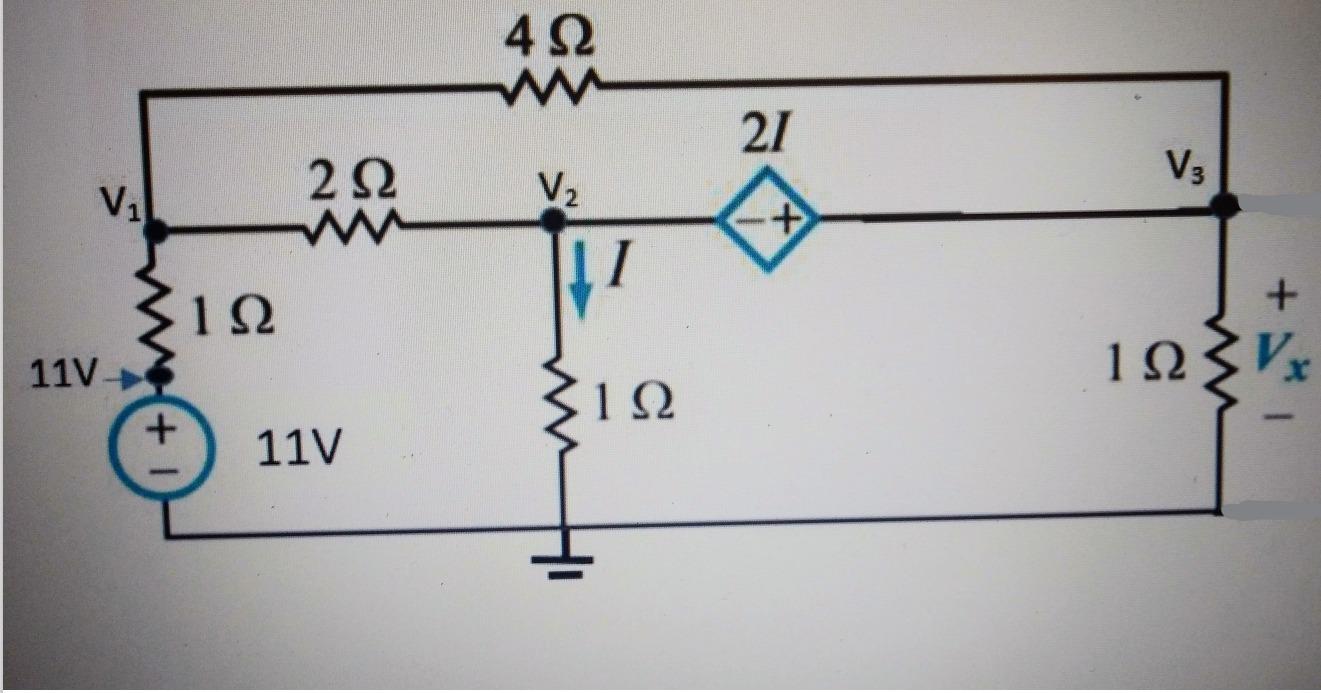 Solved 11V V₁ + 1Ω 2Ω www 11V 4Ω V₂ I ΤΩ 21 V3 1Ω + | Chegg.com
