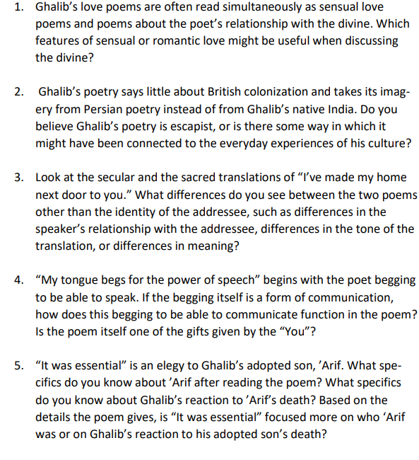 1 Ghalib S Love Poems Are Often Read Simultaneously Chegg Com