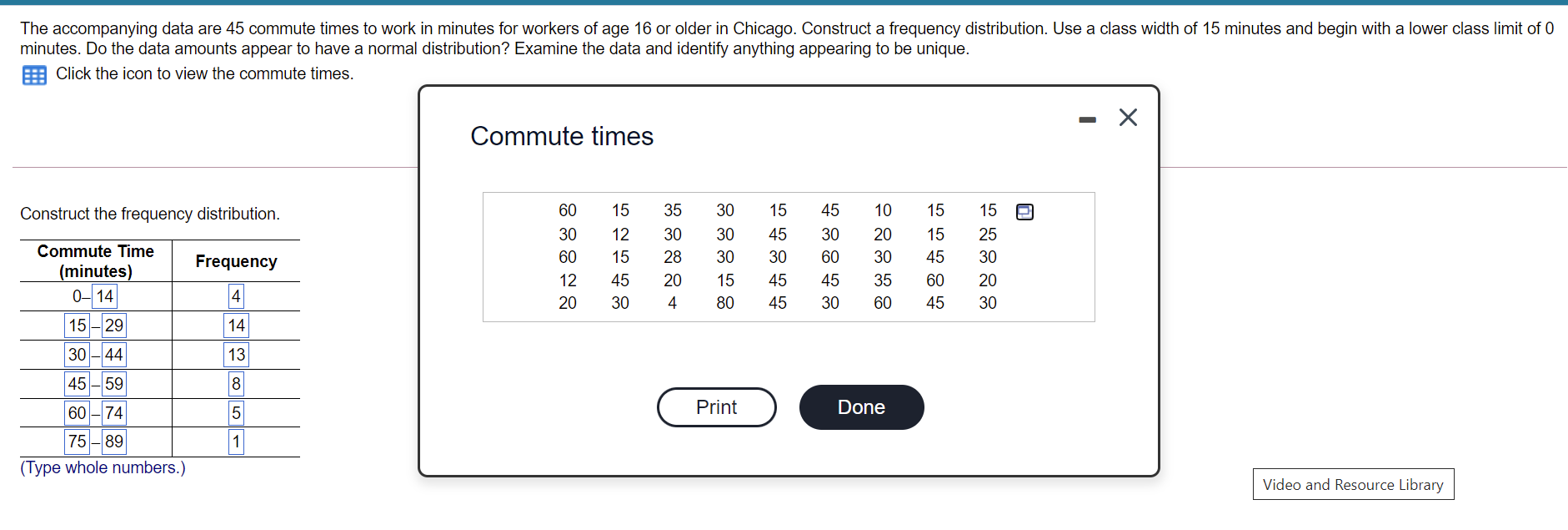 solved-the-accompanying-data-are-45-commute-times-to-work-in-chegg