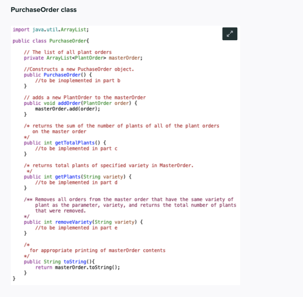 Solved Purchase Order class import java.util.ArrayList; | Chegg.com