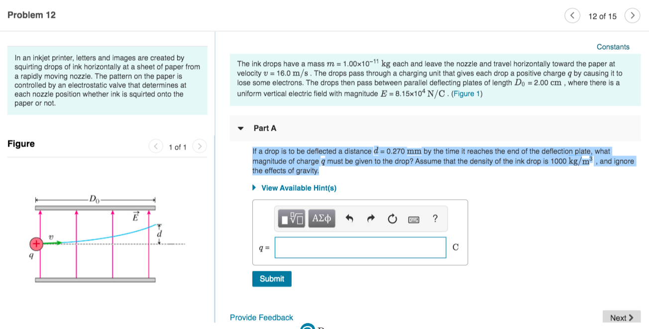 Solved Problem 12 © 12 of 15 > Constants In an inkjet | Chegg.com
