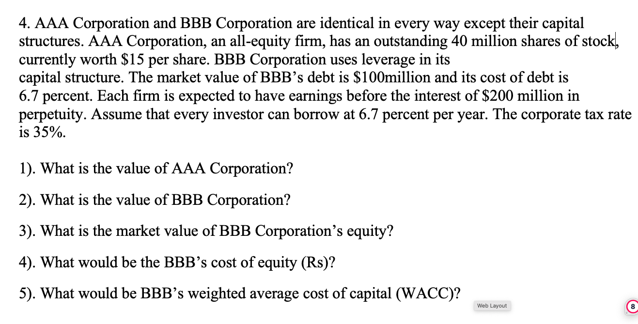 4. AAA Corporation and BBB Corporation are identical | Chegg.com
