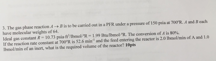 Solved 3. The gas phase reaction AB is to be carried out in | Chegg.com