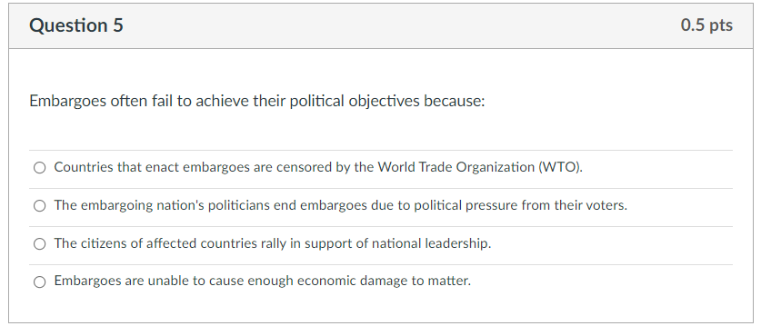 Solved Question 5 Embargoes often fail to achieve their | Chegg.com