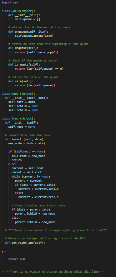 Solved Get the right sum of the BST in Python with the | Chegg.com