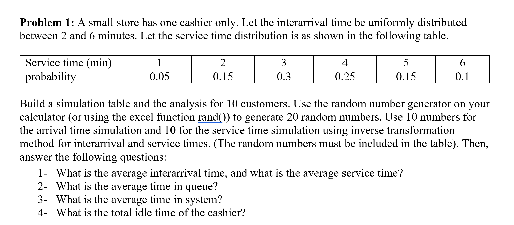 Solved Problem 1: A small store has one cashier only. Let | Chegg.com