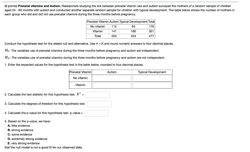 Solved (8 points) Prenatal vitamins and Autism. Researchers