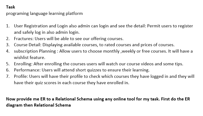 Solved Task programing language learning platform 1. User | Chegg.com