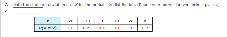Calculate the standard deviation \( \sigma \) of \( X \) for the probability distribution. (Round your answer to two decimal 