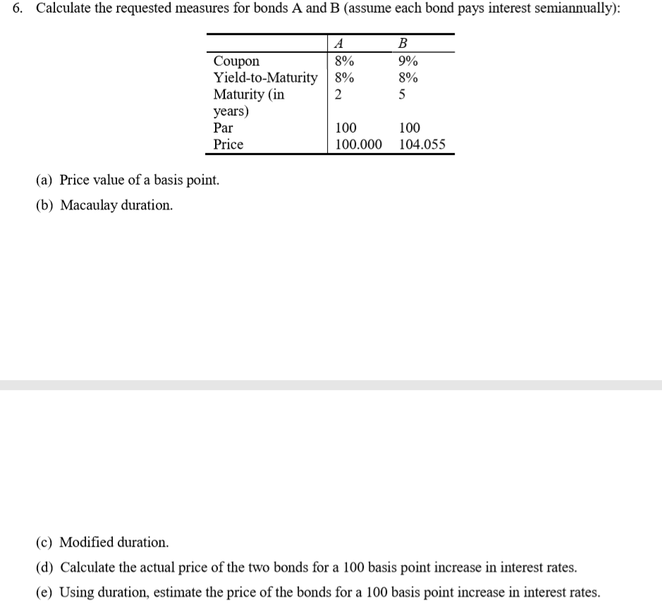 Solved 6. Calculate The Requested Measures For Bonds A And B | Chegg.com