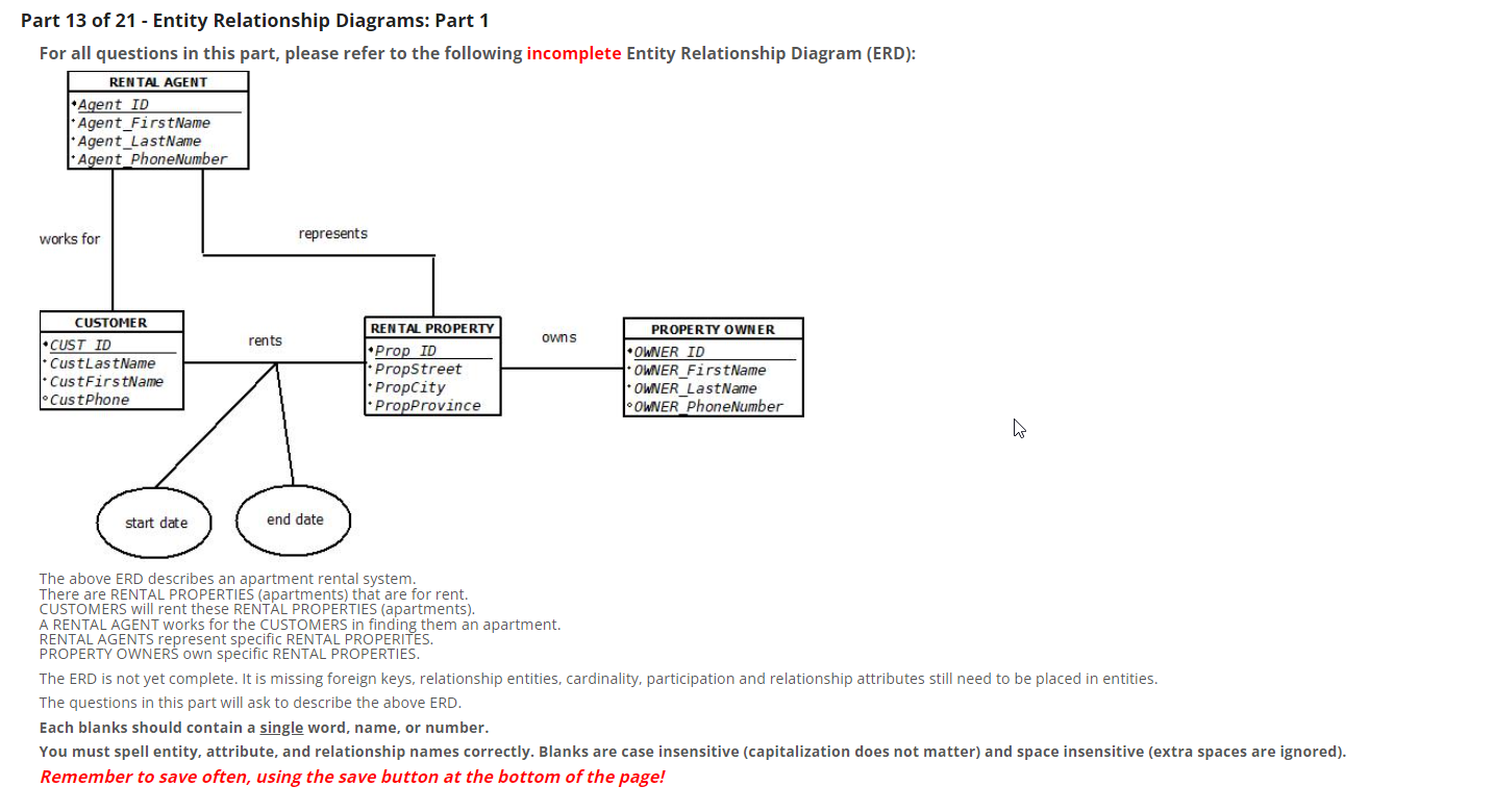 Part 13 of 21 - Entity Relationship Diagrams: Part 1
For all questions in this part, please refer to the following incomplete