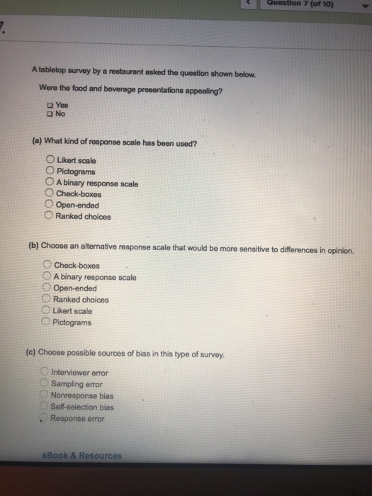 Solved Question 7 (of 10) A tabletop survey by a restaurant | Chegg.com