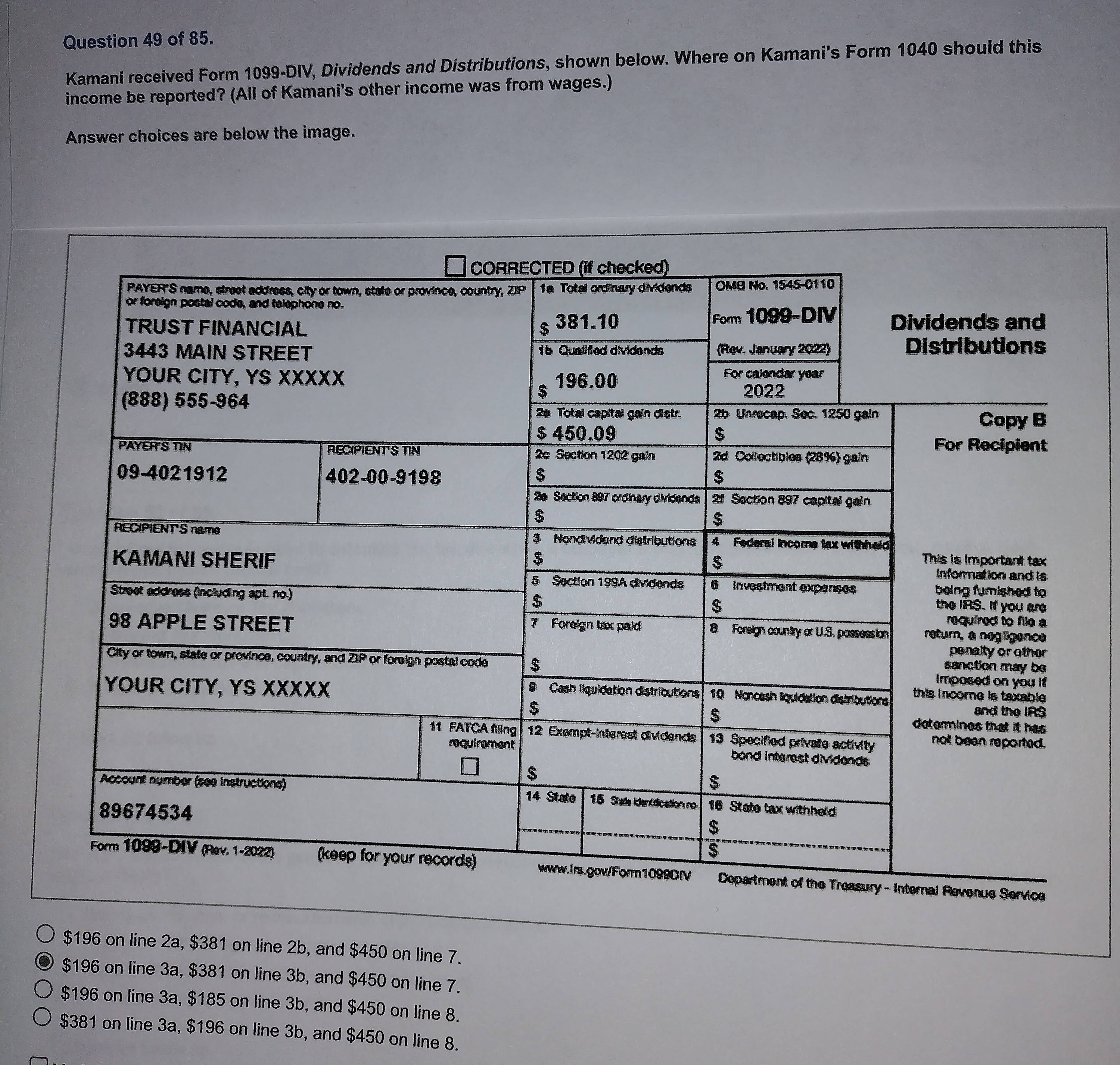 Solved Question 49 of 85 . Kamani received Form 1099-DIV, | Chegg.com