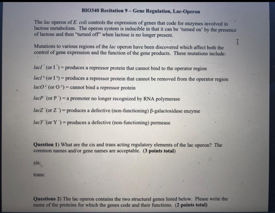 Solved BIO340 Recitation 9 Gene Regulation, LacOperon The