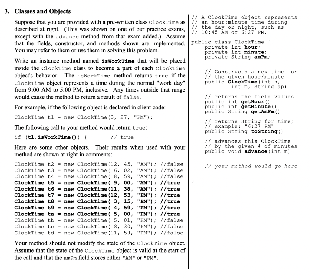 Solved 3. Classes and Objects A ClockTime object represents | Chegg.com