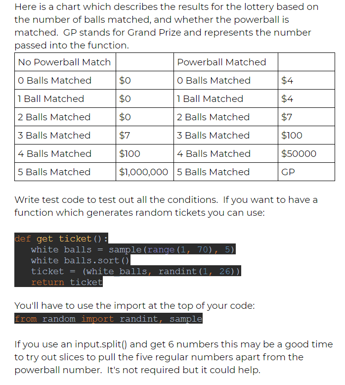 Solved Create a file called lottery.py. Within this file you | Chegg.com