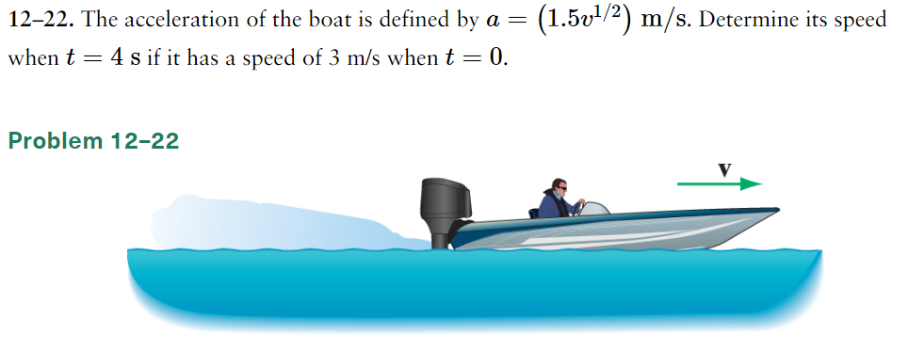 12-22. The acceleration of the boat is defined by \( a=\left(1.5 v^{1 / 2}\right) \mathrm{m} / \mathrm{s} \). Determine its s