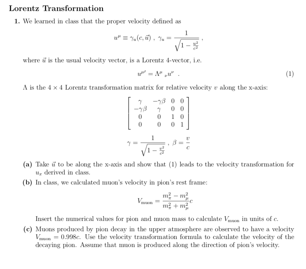 Solved Lorentz Transformation 1. We learned in class that | Chegg.com