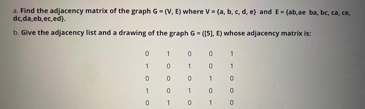 Solved A Find The Adjacency Matrix Of The Graph G V Chegg Com