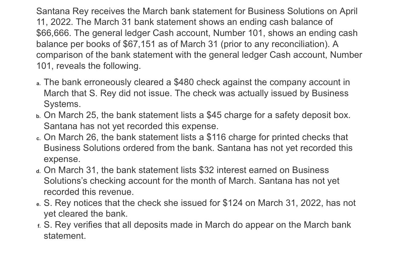 Solved Santana Rey Receives The March Bank Statement For | Chegg.com