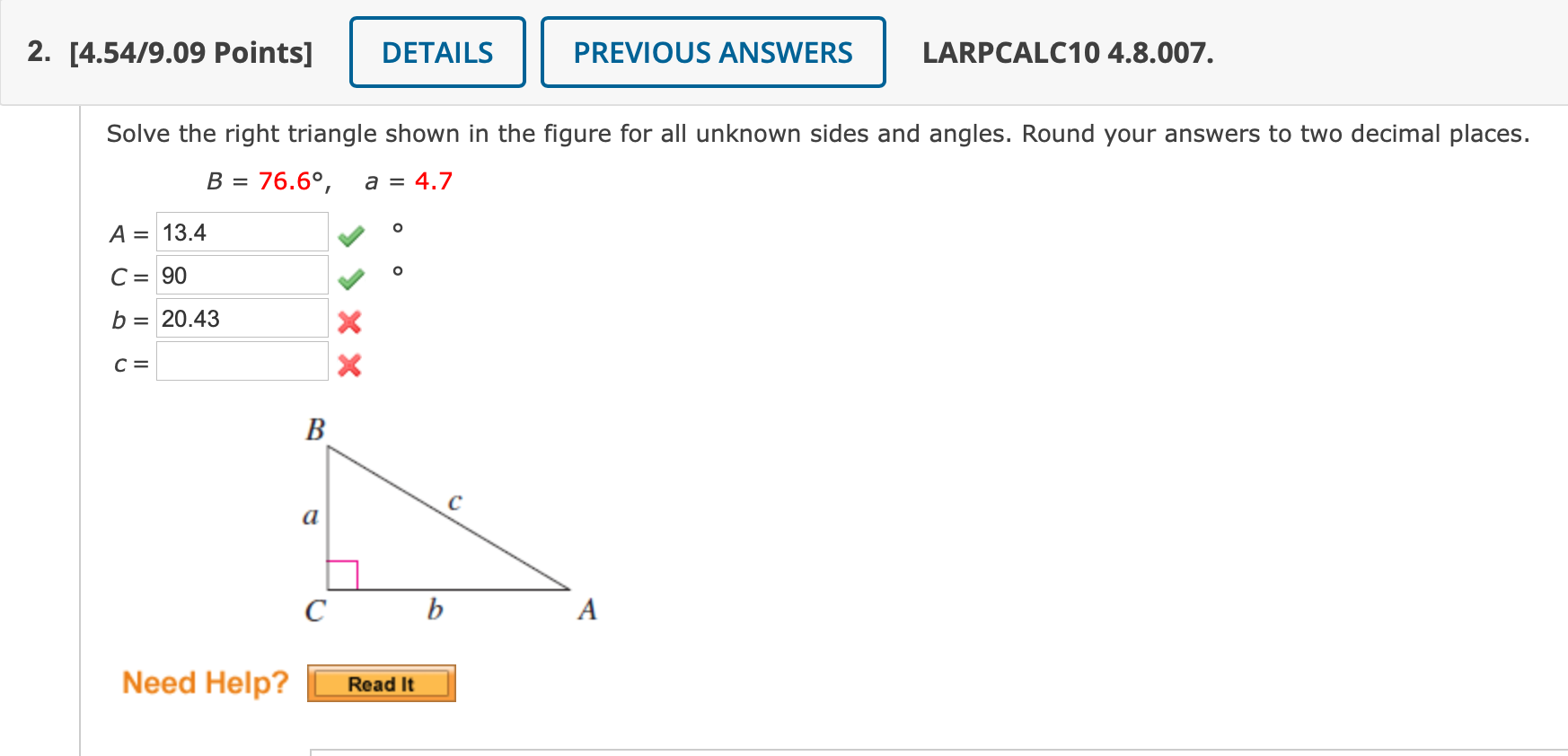 Solved Solve the right triangle shown in the figure for all | Chegg.com