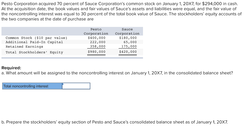 Solved Pesto Corporation acquired 70 percent of Sauce | Chegg.com