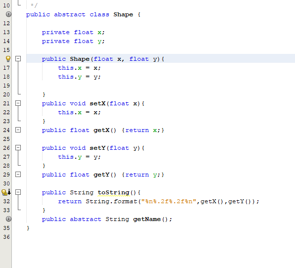 Solved 10 public abstract class Shape { 12 13 private float | Chegg.com