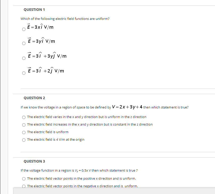 Solved Question 1 Which Of The Following Electric Field F Chegg Com