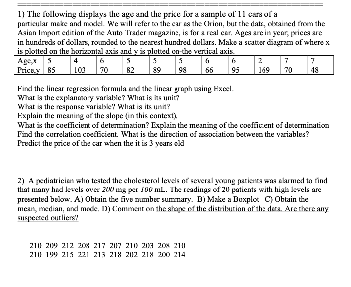 Solved 1) The following displays the age and the price for a | Chegg.com