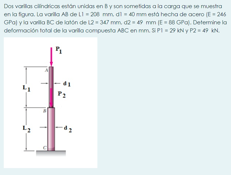 Dos varillas cilíndricas están unidas en B y son sometidas a la carga que se muestra en la figura. La varilla \( A B \) de \(