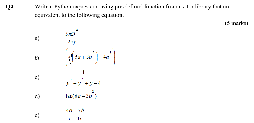 Solved Q4 Write a Python expression using pre-defined | Chegg.com