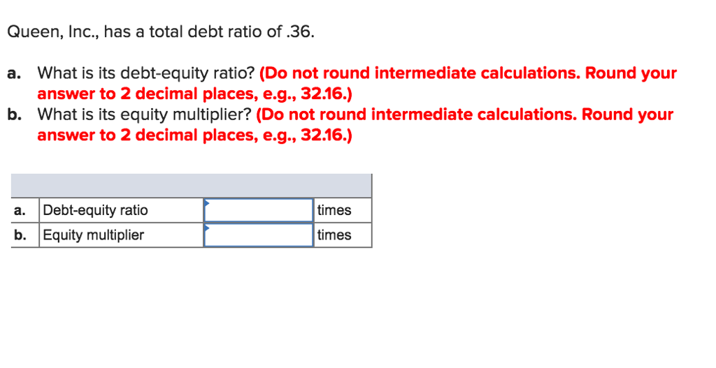 Solved Queen, Inc., has a total debt ratio of .36. What is