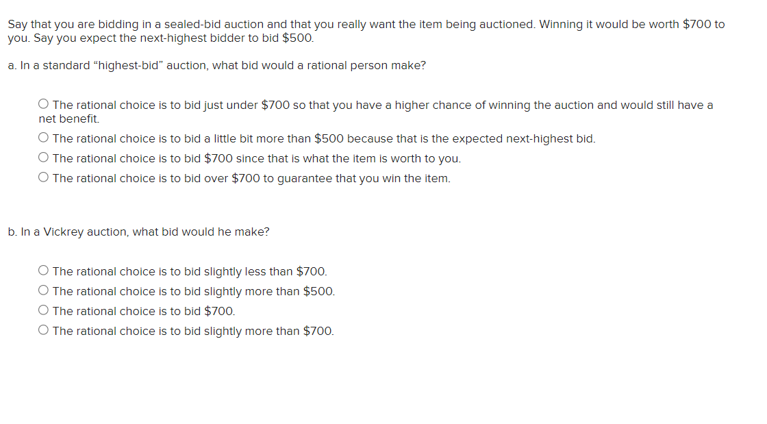 Say that you are bidding in a sealed-bid auction and that you really want the item being auctioned. Winning it would be worth