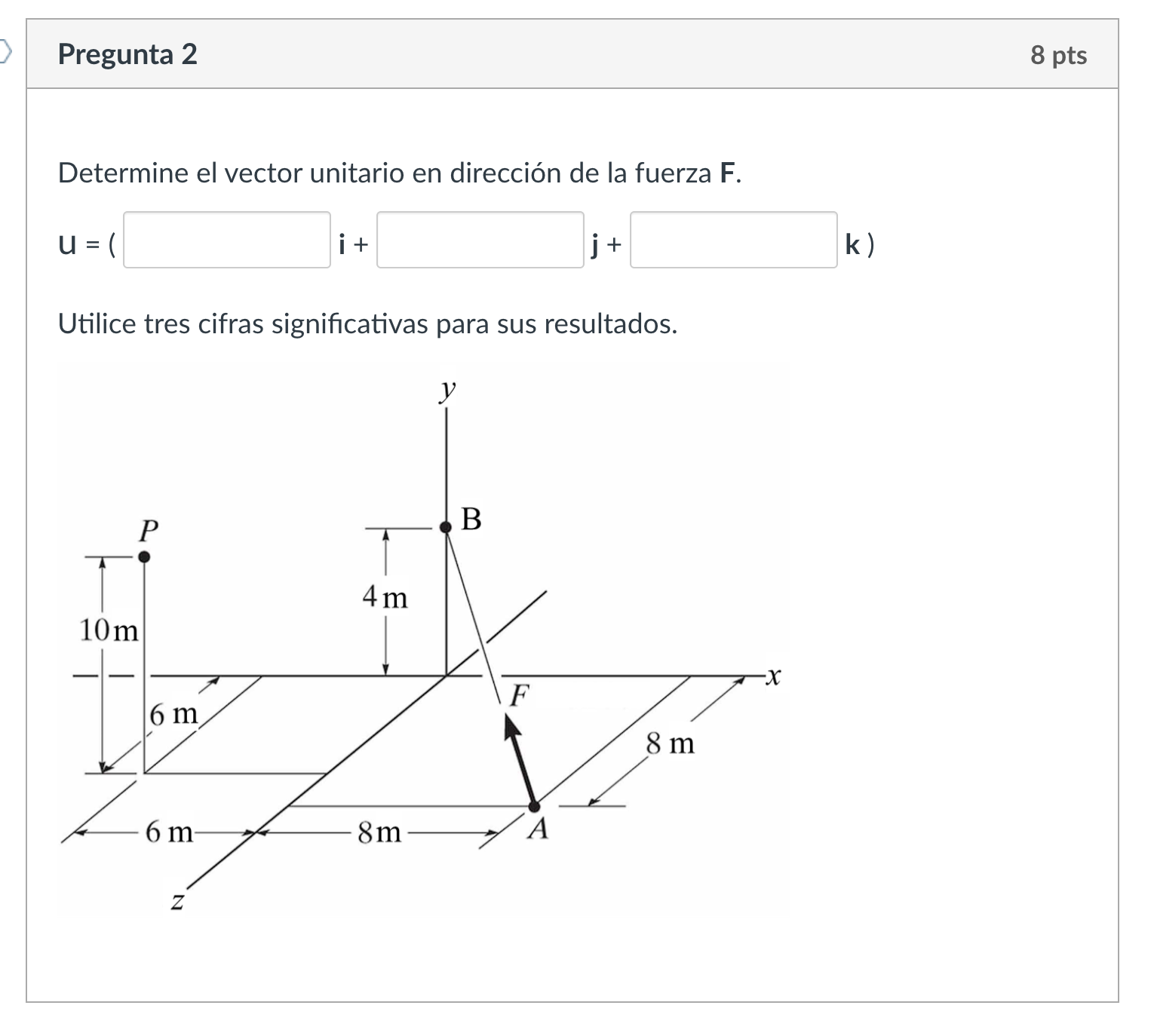 Determine el vector unitario en dirección de la fuerza F. \[ \mathbf{u}=\left(\begin{array}{l|ll} \mathbf{i}+ & \mathbf{j}+\m