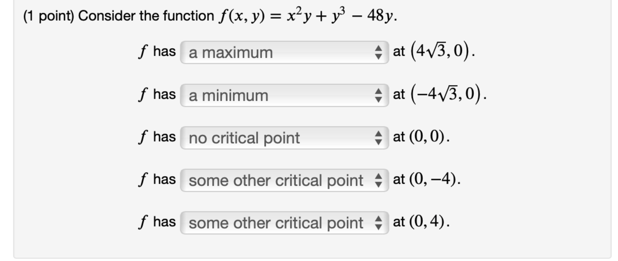 Solved 1 ﻿point ﻿consider The Function Fxyx2yy3 48y 9210